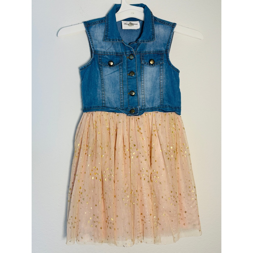Rare‎ Editions Girls 6X Denim Tulle Dress Pink Gold Heart Sleeveless F394892